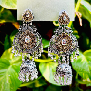 Designer Oxidised Silver Floral Jhumka Earrings with Kundan Stone