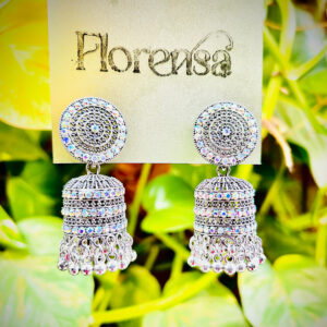 Florensa Round Stud Crystal Stone Heavy Silver Jhumka Earrings for Women & Girls