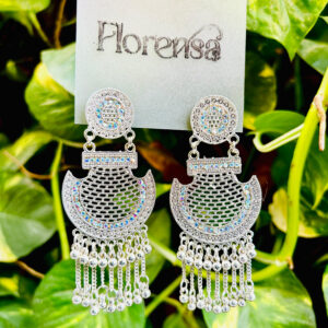 Trendy Oxidised Silver Statement Chandelier Earrings with Mirror Shine