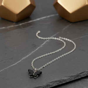Elegant Black Butterfly Pendant Neck Chain for Girls & Women – Silver Chain